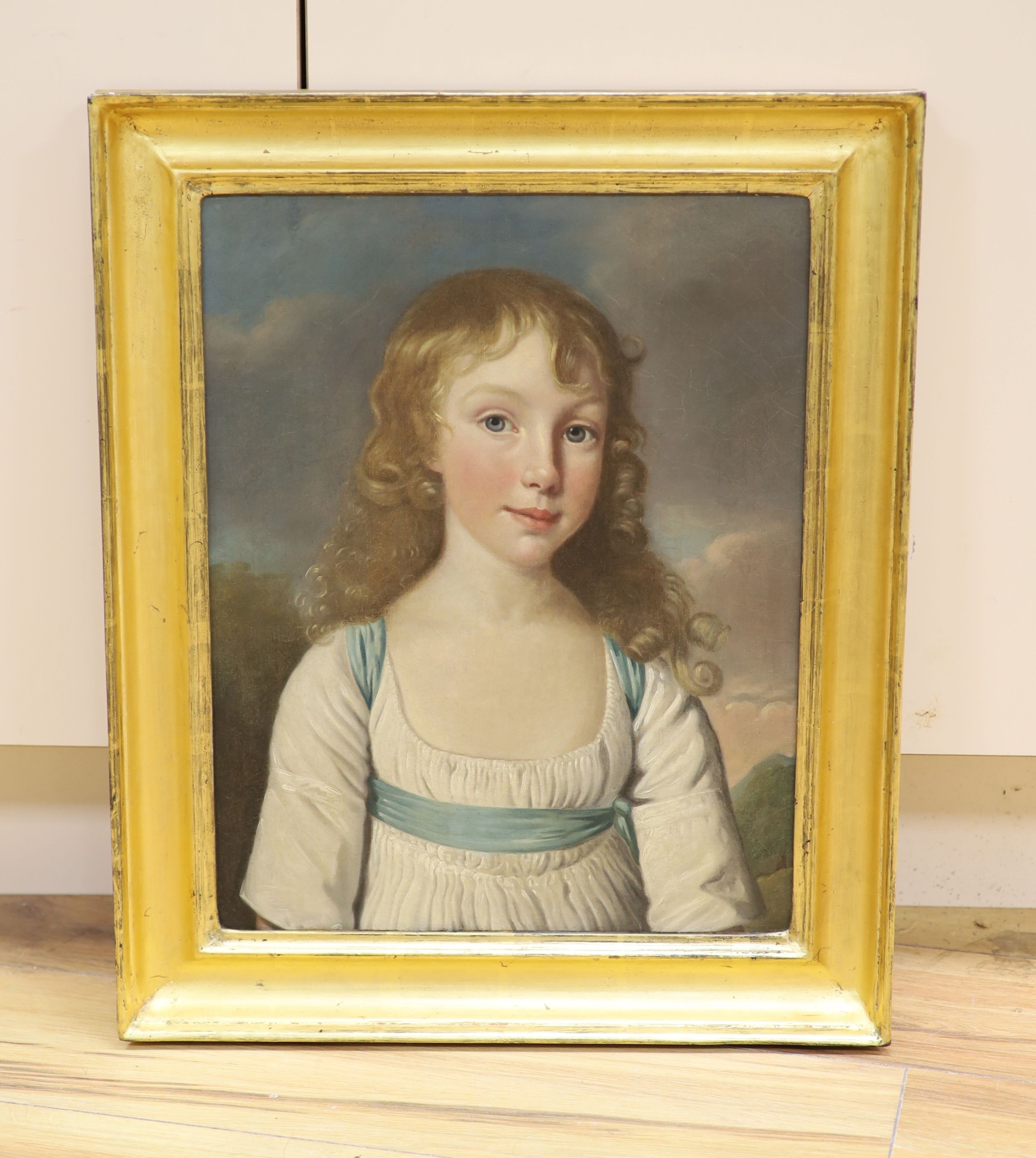 Early 19th century English School, oil on canvas, Portrait of a child wearing a ribbon tied dress, 44 x 34cm